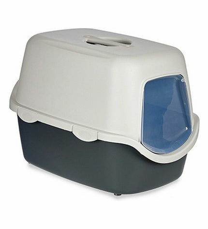 Set of 20 Stefanplast cat litter boxes in light gray plastic, various sizes with high sides for feline hygiene.