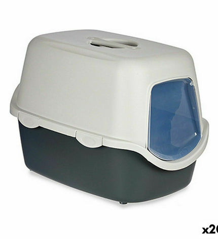 Set of 20 Stefanplast light gray plastic cat litter boxes in various sizes, ideal for feline hygiene and comfort.