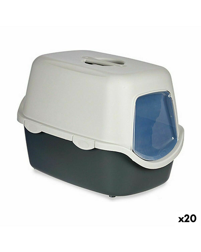 Set of 20 Stefanplast light gray plastic cat litter boxes in various sizes, ideal for feline hygiene and comfort.