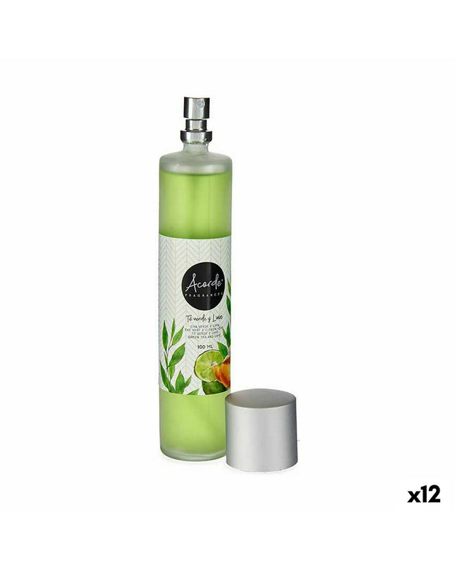 Acorde Groene Thee luchtverfrisserspray 100 ml, 12-pack, in a clear spray bottle, used for home and kitchen air freshening.