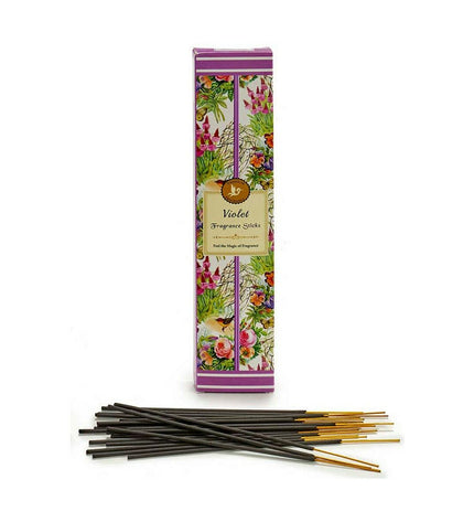 Aset of 12 purple Acorde incense sticks for home decor and cooking, arranged in a box with decorative packaging.