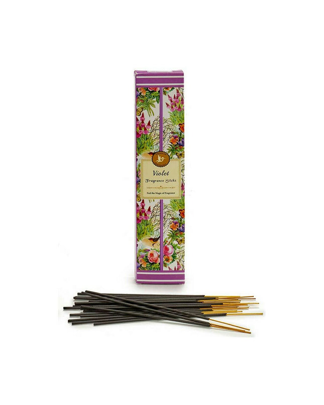 Aset of 12 purple Acorde incense sticks for home decor and cooking, arranged in a box with decorative packaging.