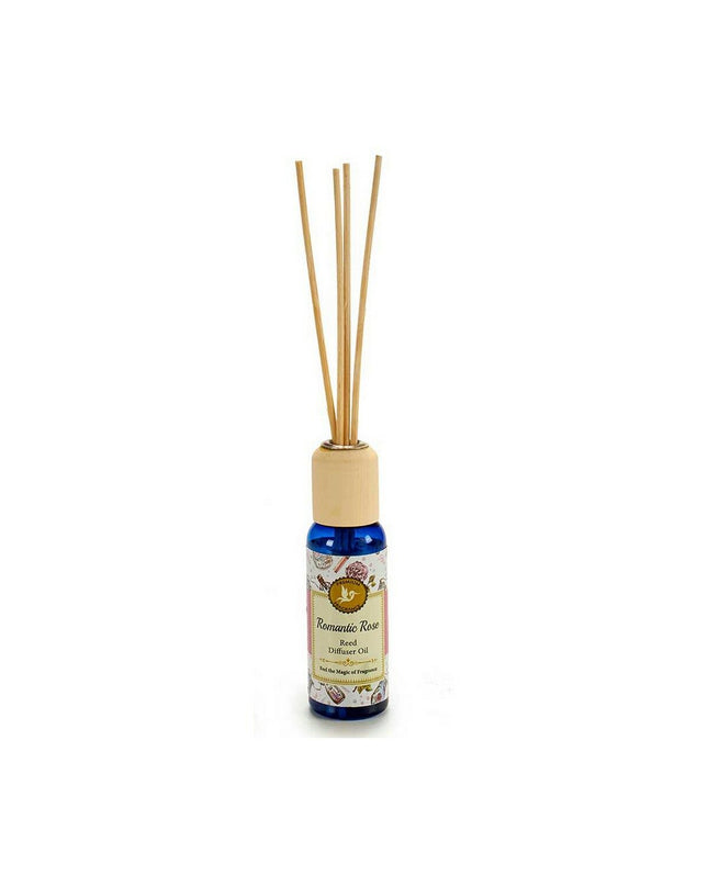Set of 12 Acorde Romantic Rose parfum sticks in 50ml bottles, used for home decor and scenting living spaces.