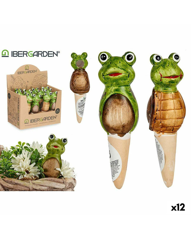 Set of 12 Ibergarden ceramic garden figurines in brown and green, outdoor decorative ornaments measuring 4.5 x 16.5 x 4.5 cm.