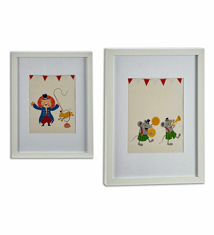 Set of six Gift Decor circus-themed wall art paintings in multicolour, wood with dimensions 33x3x43 cm and 32x42x3 cm.