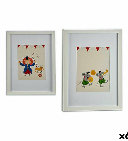 Set of six multicolored circus-themed wooden wall art pieces by Gift Decor, measuring 33x3x43 cm and 32x42x3 cm.