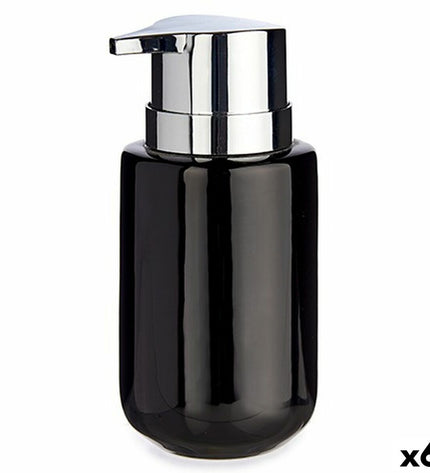 Set of six Berilo black and silver metal and ceramic soap dispensers, 350 ml capacity, for bathroom and kitchen use.