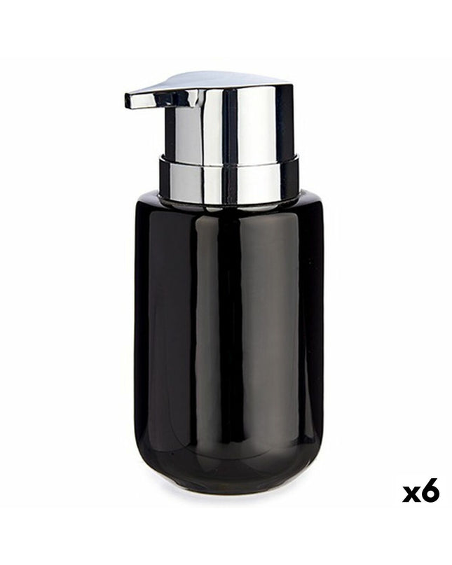 Set of six Berilo black and silver metal and ceramic soap dispensers, 350 ml capacity, for bathroom and kitchen use.