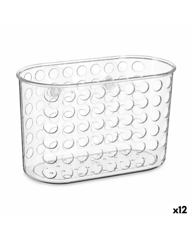 Set of 12 transparent PVC bathroom organizers from Berilo, each measuring 19.3 x 12 x 9 cm, suitable for bathroom storage.