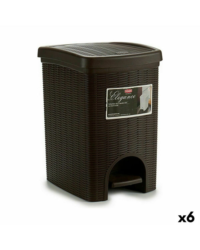Six Stefanplast Elegance brown plastic pedal trash bins, 20 L capacity, for home organization and kitchen waste management.