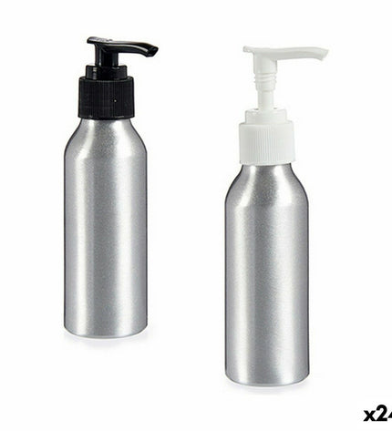Set of 24 Berilo silver-colored aluminium and polypropylene soap dispensers for bathroom and kitchen use, 100 ml capacity.