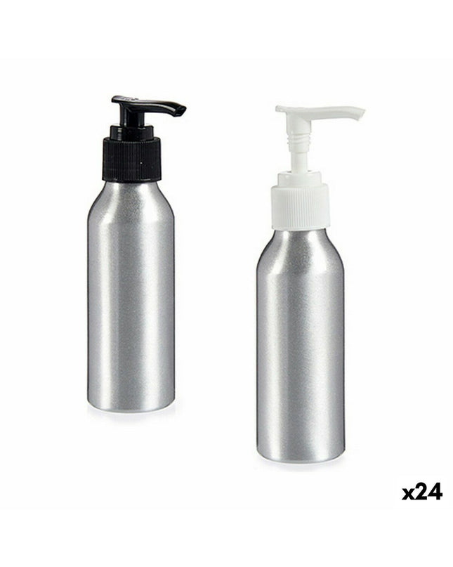 Set of 24 Berilo silver-colored aluminium and polypropylene soap dispensers for bathroom and kitchen use, 100 ml capacity.