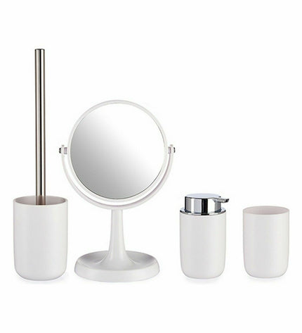 Berilo Badset in wit polypropyleen, 16.5 x 29.5 x 17 cm, including four bathroom accessories, six pieces total.