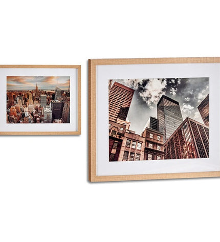 Six Gift Decor wall art pieces featuring building designs with brown wood and glass, measuring 43x3x53 cm each.