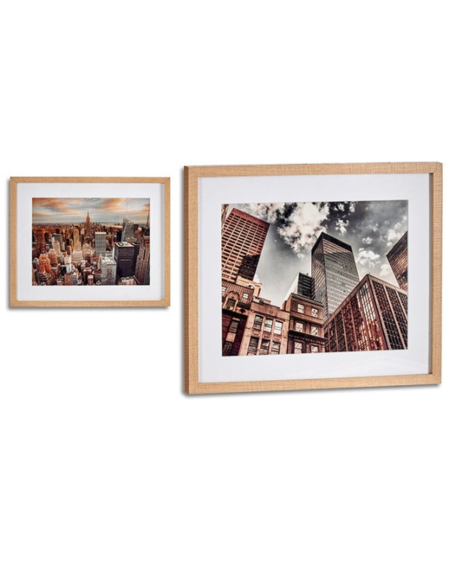 Six Gift Decor wall art pieces featuring building designs with brown wood and glass, measuring 43x3x53 cm each.