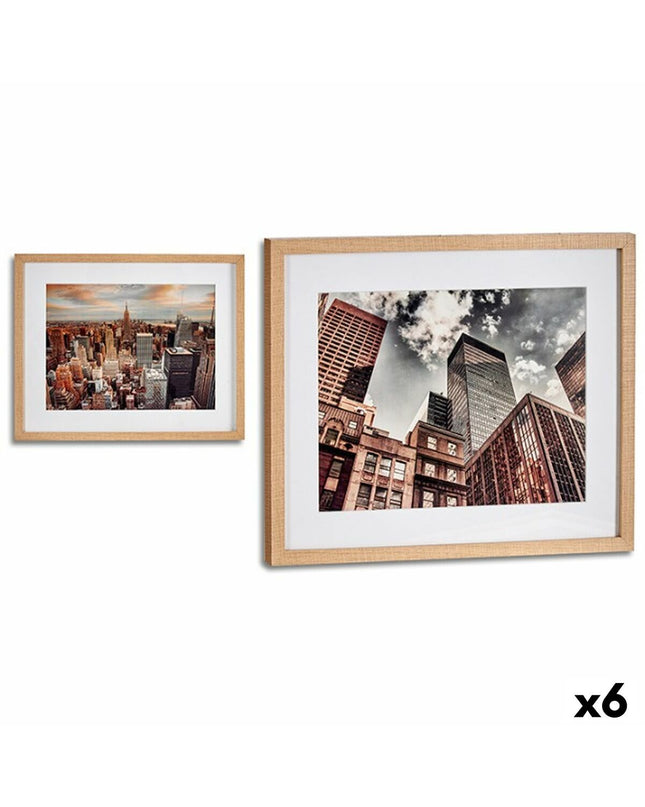 Set of six Gift Decor wall art panels with brown wooden and glass building designs, 43x3x53 cm, decorative home artwork.