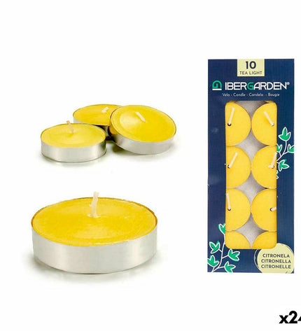 Set of 24 Ibergarden citronella outdoor candles in yellow metal holders, 7.5 x 19 x 1.5 cm, for garden outdoor decoration.
