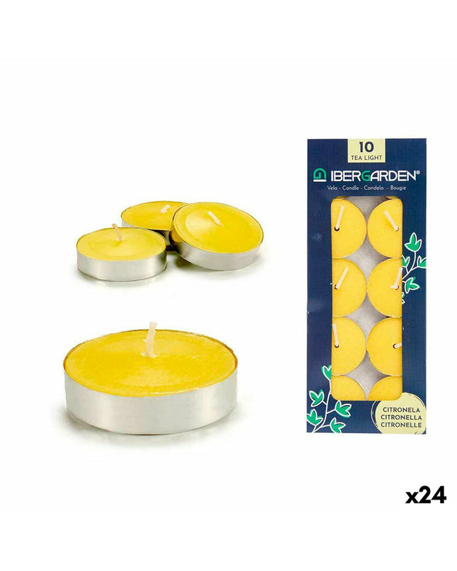Set of 24 Ibergarden citronella outdoor candles in yellow metal holders, 7.5 x 19 x 1.5 cm, for garden outdoor decoration.