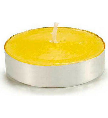 Set of 24 yellow Ibergarden outdoor citronella candles in metal holders, 7.5x19x1.5 cm, for garden decoration and pest control.