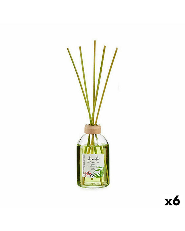 Set of six Acorde Bamboe parfum sticks for home decor and fragrance, featuring natural bamboo design in 100 ml bottles.