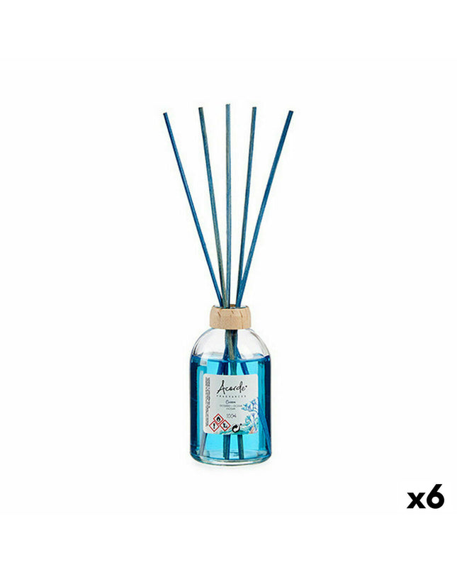 Acorde Acorde Oceaan parfum sticks in 100 ml bottles, six-pack, for home decor and ambiance, with sleek packaging and blue accents.