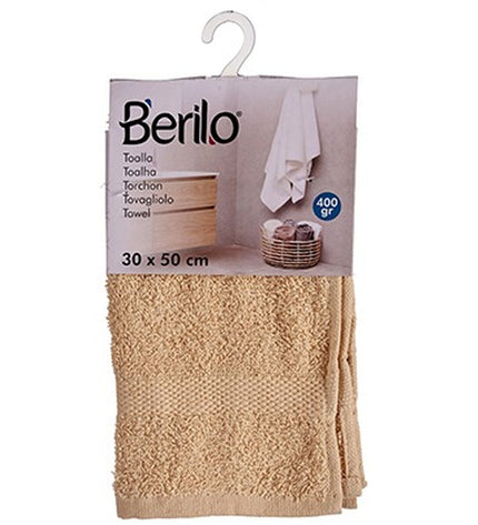 Berilo Crème bath towel set with 80% cotton, 20% polyester, 30x50 cm, 12 pieces, shown in a bathroom setting.