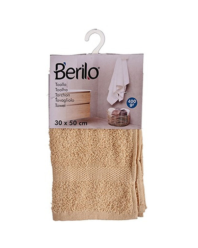 Berilo Crème bath towel set with 80% cotton, 20% polyester, 30x50 cm, 12 pieces, shown in a bathroom setting.