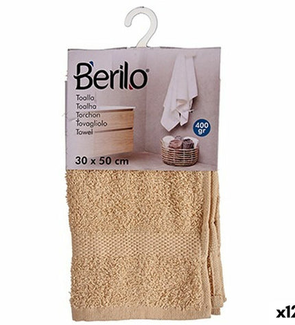Set of 12 Berilo cotton-polyester bath towels, 30x50 cm, in soft cream color, ideal for home and bathroom use.