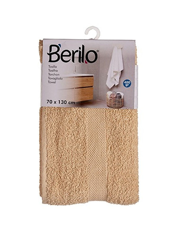 Set of three Berilo crèmes bath towels, 70x130 cm, made of 80% cotton and 20% polyester, in a bathroom setting.