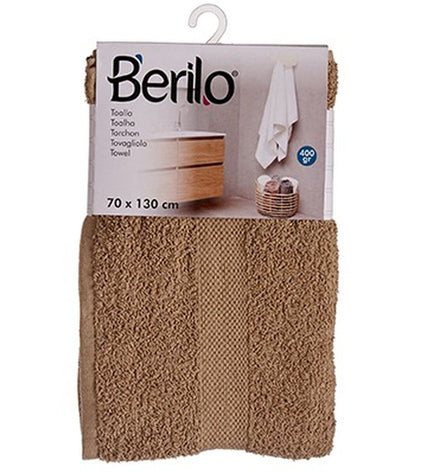 Set of three Berilo camel-colored bath towels, 70x130 cm, made of 80% cotton and 20% polyester, perfect for home and bathroom use.