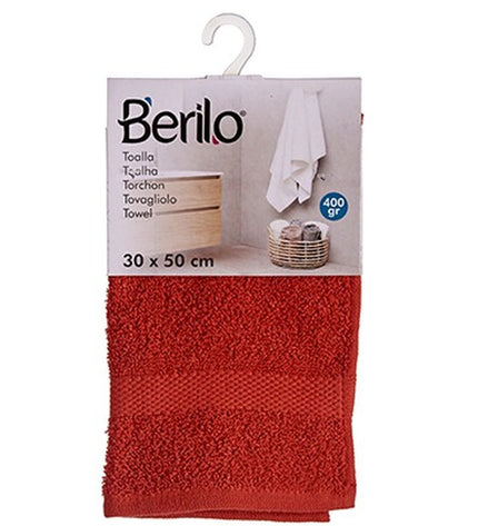 Set of 12 Berilo bath towels, 30x50 cm, made of 80% cotton and 20% polyester, shown in a folded, stacked arrangement.