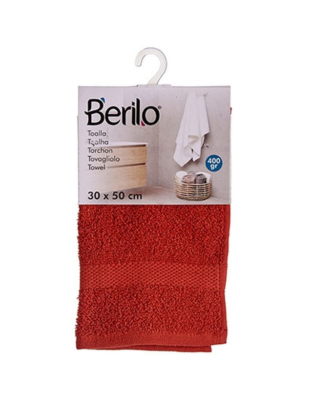 Set of 12 Berilo bath towels, 30x50 cm, made of 80% cotton and 20% polyester, shown in a folded, stacked arrangement.