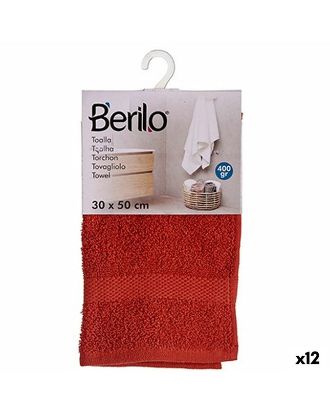 Set of 12 Berilo bathroom towels, 30x50 cm, made of 80% cotton and 20% polyester, shown in a close-up of fabric texture.