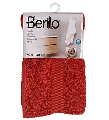 Set of three Berilo bath towels, 70x130 cm, made of 80% cotton and 20% polyester, with textured design in the image.