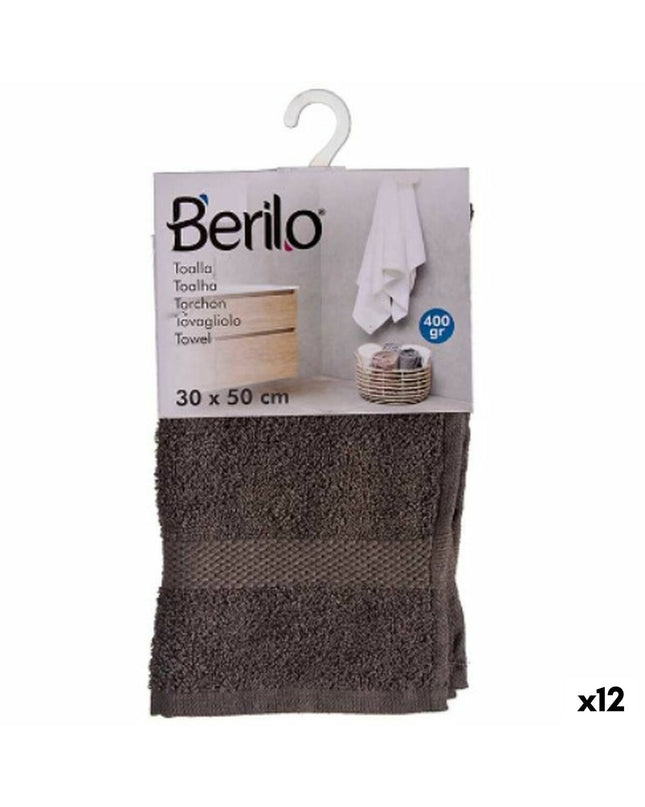 Set of 12 Berilo gray bath towels, 30x50 cm, made of 80% cotton and 20% polyester, suitable for home and bathroom use.