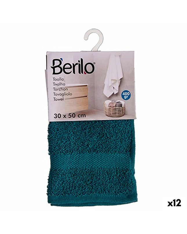 Berilo blauw badhanddoek set with 12 cotton-polyester towels, 30x50 cm, ideal for home and bathroom use.