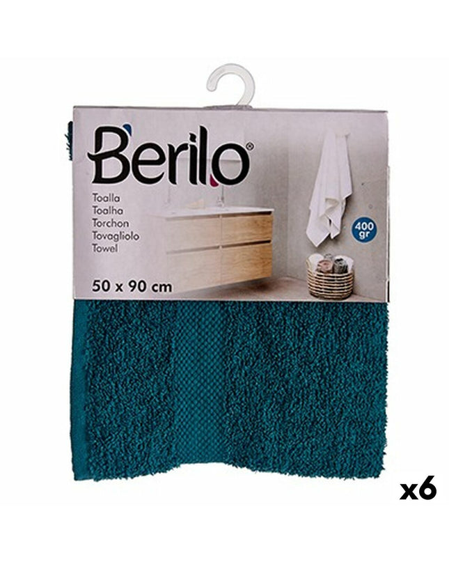 Set of six Berilo blue bath towels, 80% cotton and 20% polyester, 50x90 cm, soft and absorbent for home and bathroom use.