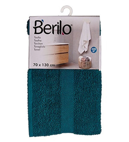 Set of three Berilo blue bathroom towels, 70x130 cm, made of 80% cotton and 20% polyester, for home and bathing use.
