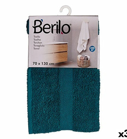Set of three Berilo blue bath towels, 70x130 cm, made of 80% cotton and 20% polyester, perfect for home and bathroom use.