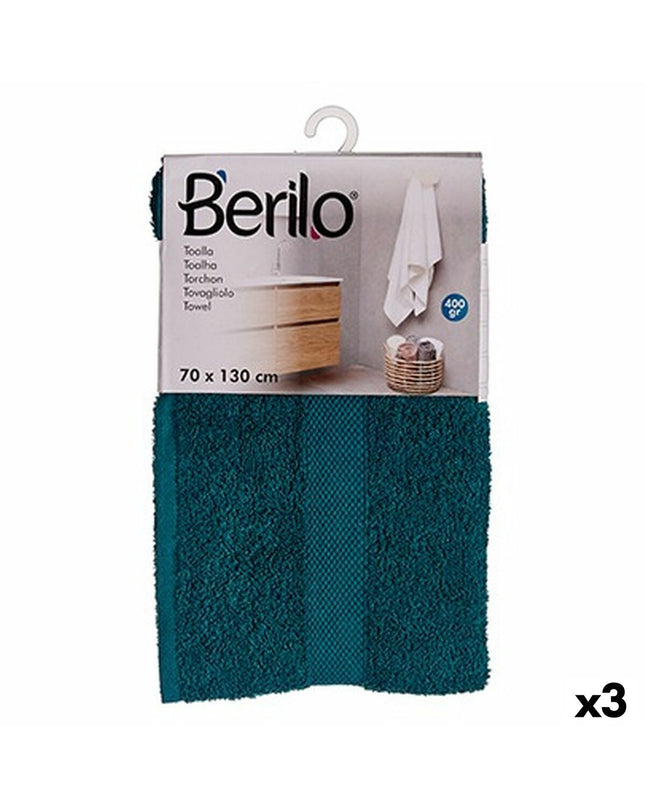 Set of three Berilo blue bath towels, 70x130 cm, made of 80% cotton and 20% polyester, perfect for home and bathroom use.