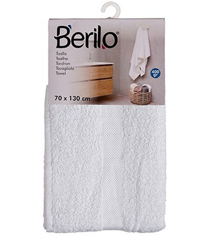 Set of three Berilo white bath towels, 70x130 cm, made of 80% cotton and 20% polyester, ideal for home and bathroom use.