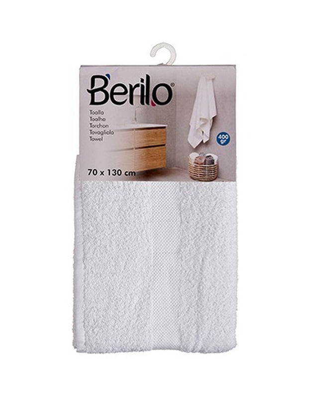 Set of three Berilo white bath towels, 70x130 cm, made of 80% cotton and 20% polyester, ideal for home and bathroom use.