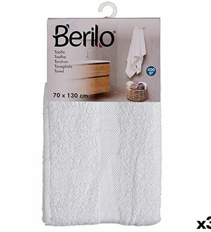 Berilo white bath towels, 70x130 cm, made of 80% cotton and 20% polyester, set of three, shown folded with soft fabric texture.