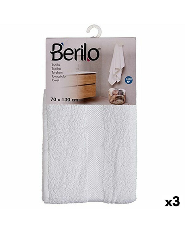 Berilo white bath towels, 70x130 cm, made of 80% cotton and 20% polyester, set of three, shown folded with soft fabric texture.