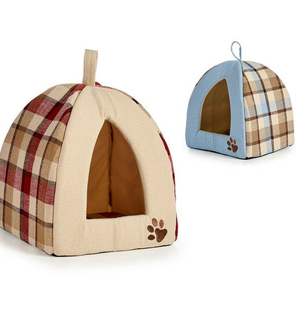 Six Mascow cat beds in a plaid pattern, 33x45x33 cm, designed for comfortable pet lounging and resting.