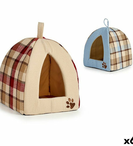 Set of six Mascow pet beds for cats, 33x45x33 cm, with a plaid pattern, designed for comfortable feline relaxation.