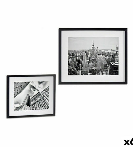 Set of six black wooden and glass building-themed art panels by Gift Decor, measuring 43x3x53 cm, decorative wall decor.