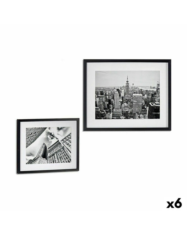 Set of six black wooden and glass building-themed art panels by Gift Decor, measuring 43x3x53 cm, decorative wall decor.