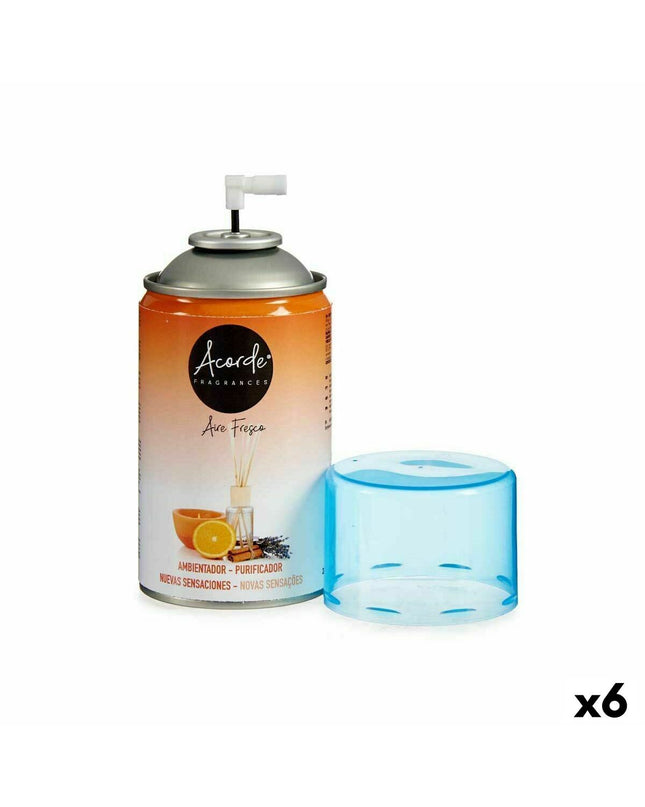Set of six 250ml Acorde Sensations air freshener refills for home and kitchen decor, featuring fresh and inviting scent icons.