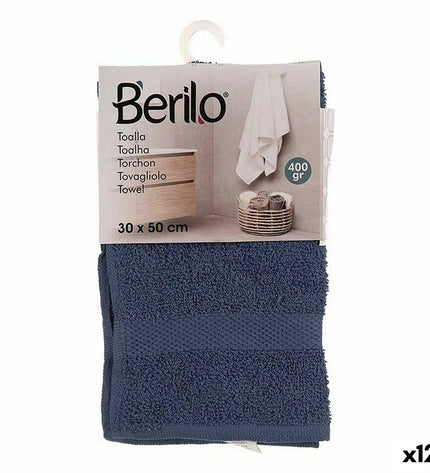 Set of 12 Berilo blue bath towels, 80% cotton and 20% polyester, 30x50 cm, ideal for home and bathroom use.